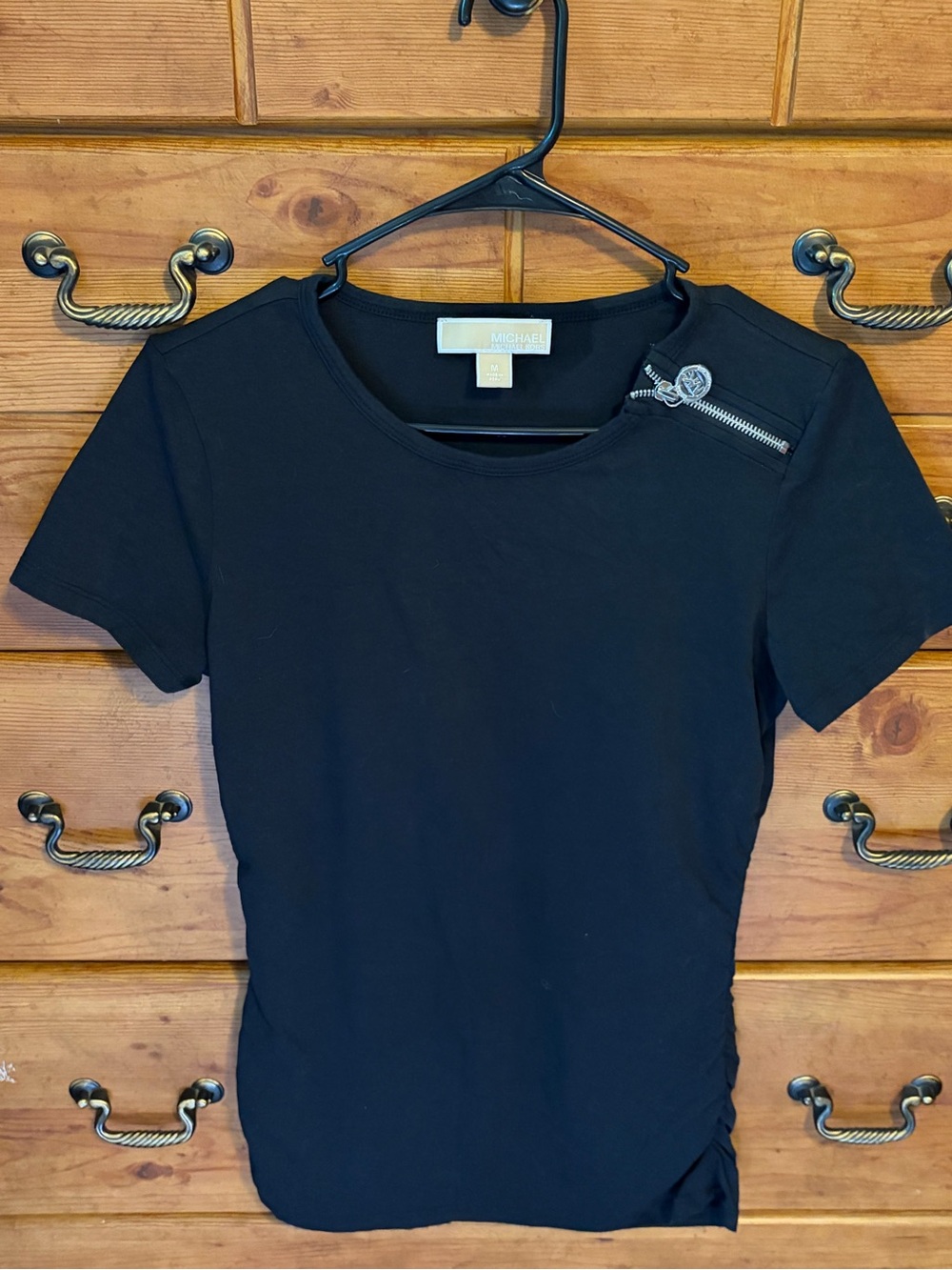 Michael Kors Black Short Sleeve Top with Shoulder Zip Detail